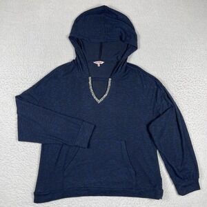 Juicy Couture Hoodie Womens XL Blue Sheer Pullover Bling V Neck Ladies Top